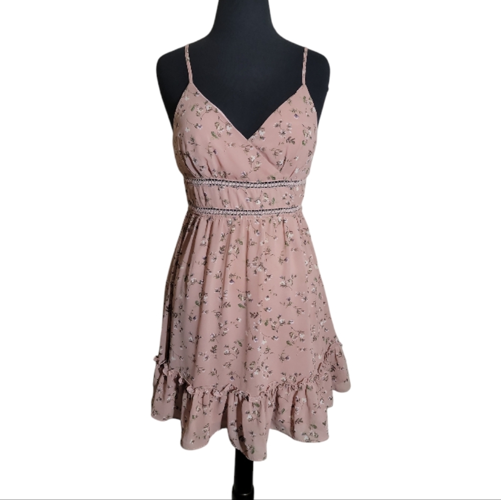 French Kiss floral mini dress women's medium spaghetti strap ruffle hem boho